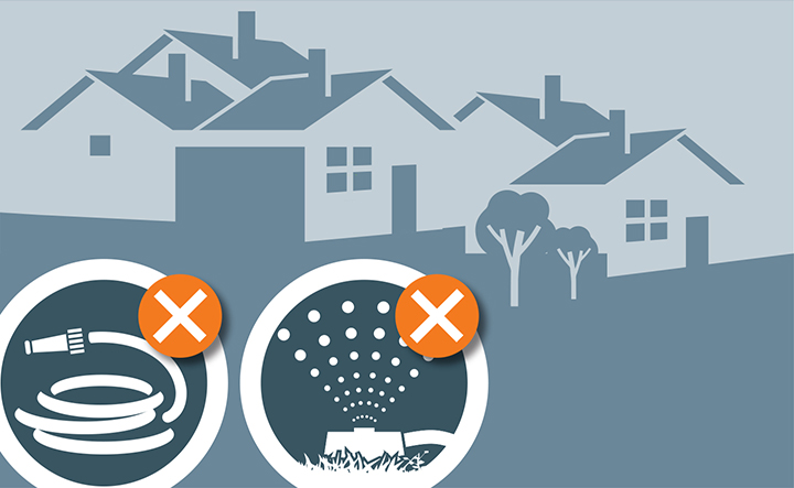 Stage 2 residential water restrictions mean you can’t use an outdoor hose, sprinkler or irrigation system connected to the metropolitan water network